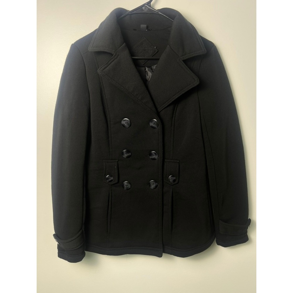 Joujou Pea Coat M Black Double Breasted Button Front Jacket Lightweight Winter